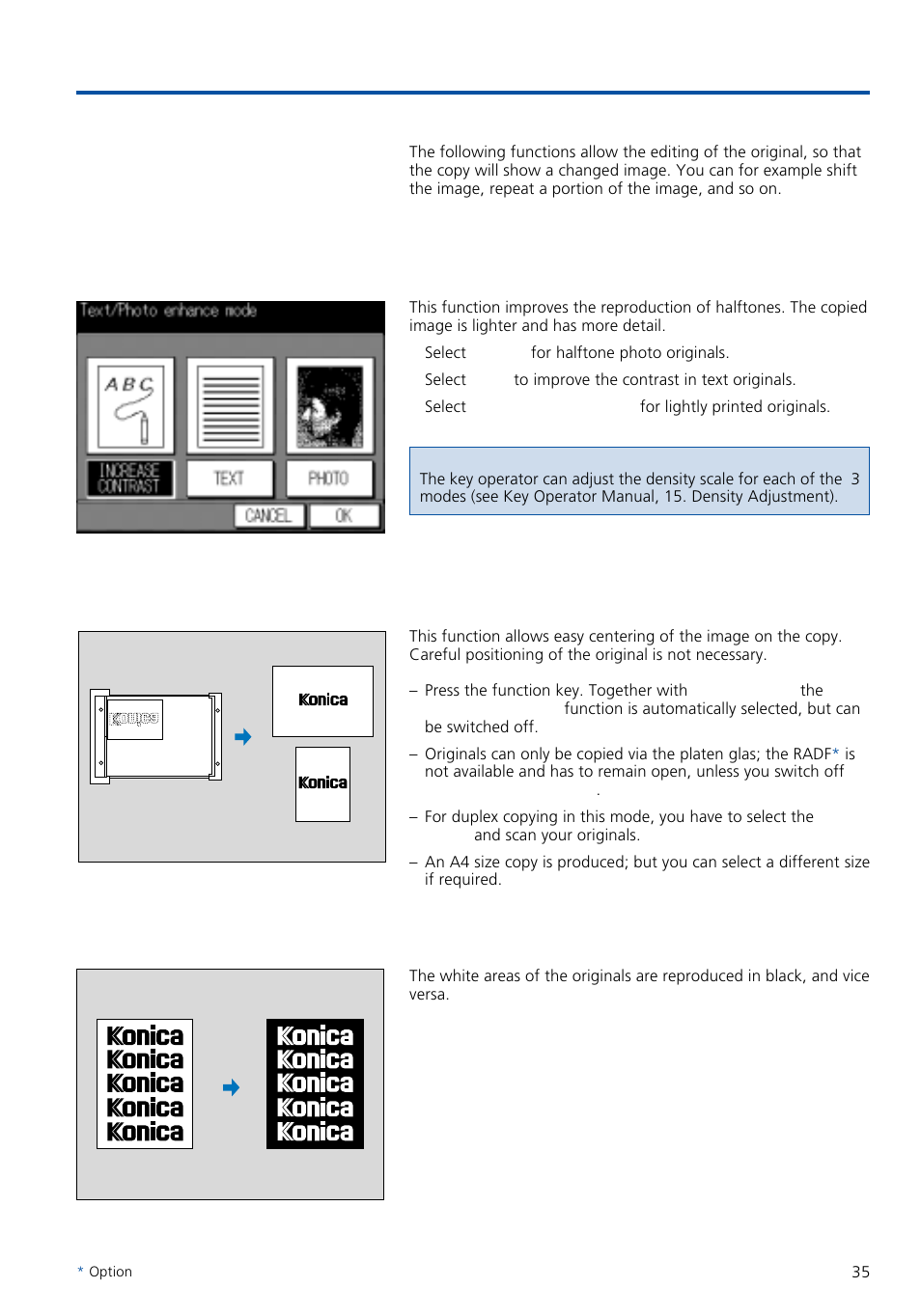 Special functions, 1 image editing functions 9.1.1 text/photo enhance, 2 auto layout 9.1.3 reverse image | Konica Minolta 7020 User Manual | Page 35 / 58