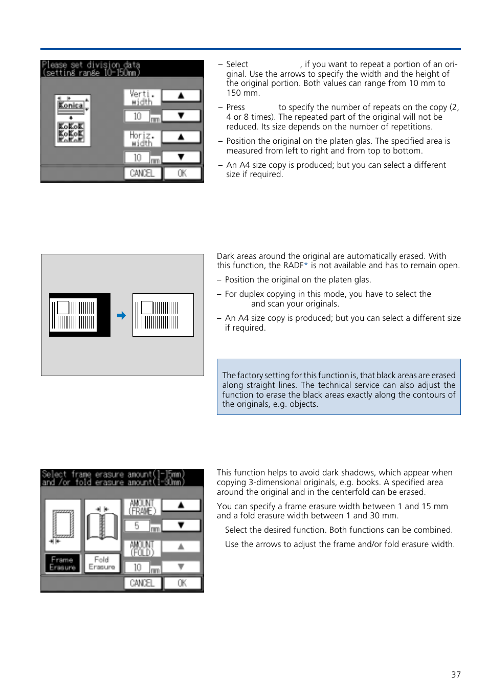 Special functions, 7 frame / fold erasure, 6 non image area erase | Konica Minolta 7020 User Manual | Page 37 / 58