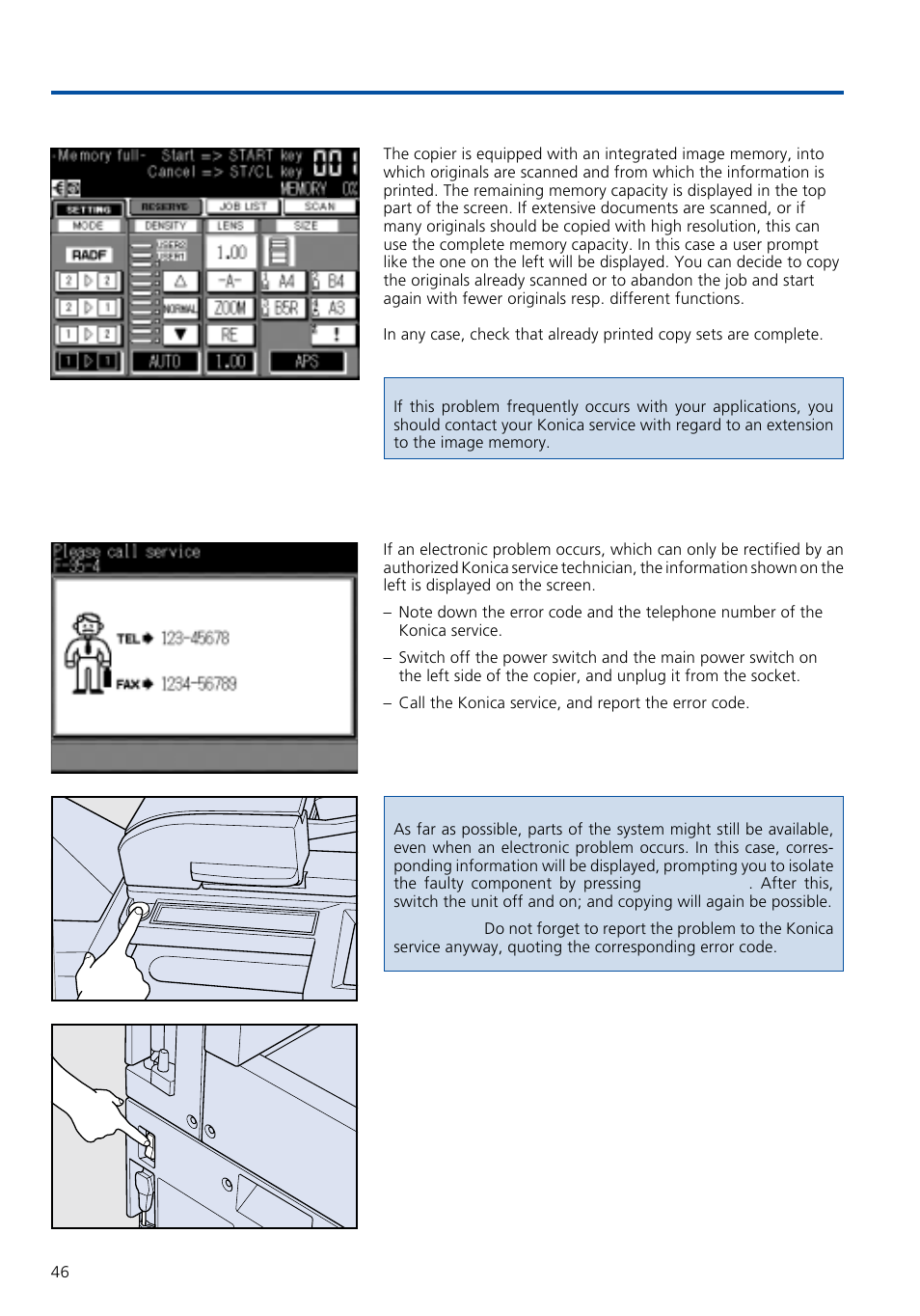 Troubleshooting, 4 call service | Konica Minolta 7020 User Manual | Page 46 / 58
