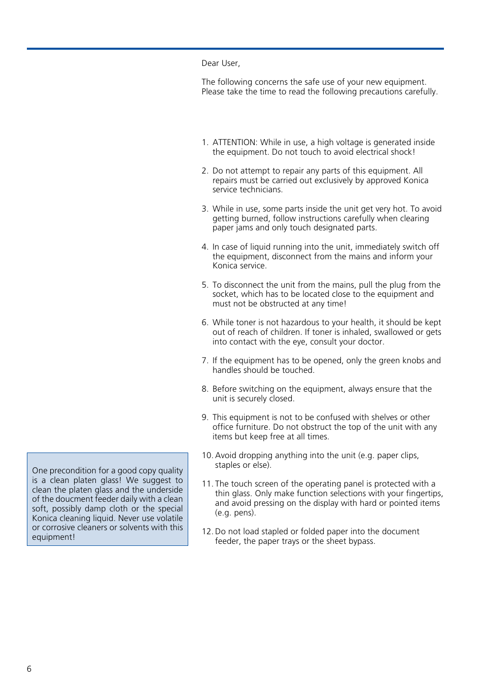 Advice on installation and user safety, 1 safety warnings | Konica Minolta 7020 User Manual | Page 6 / 58