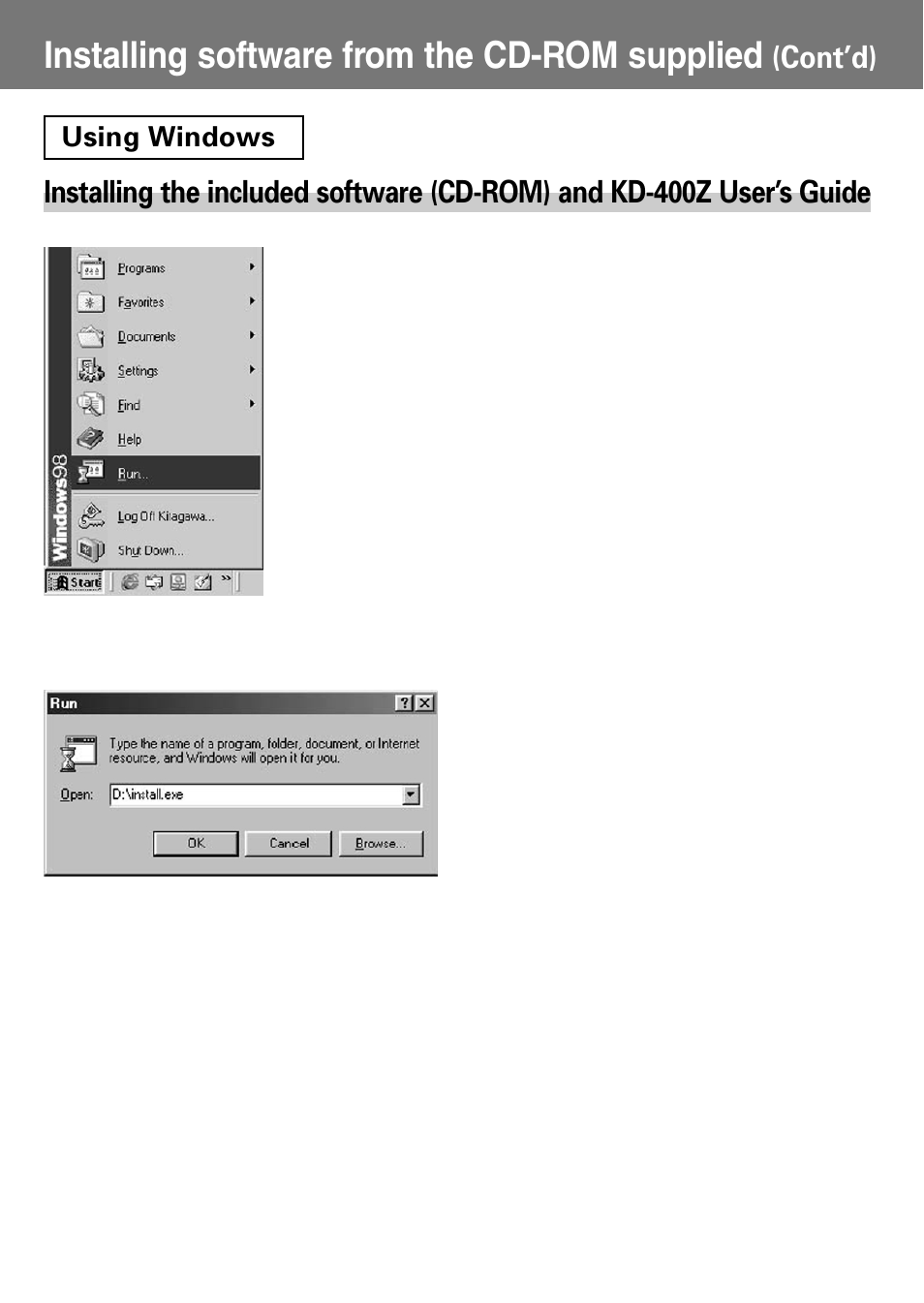 Using windows, Installing software from the cd-rom supplied, Cont’d) | Konica Minolta Konica Digital Revio KD-400Z User Manual | Page 104 / 117