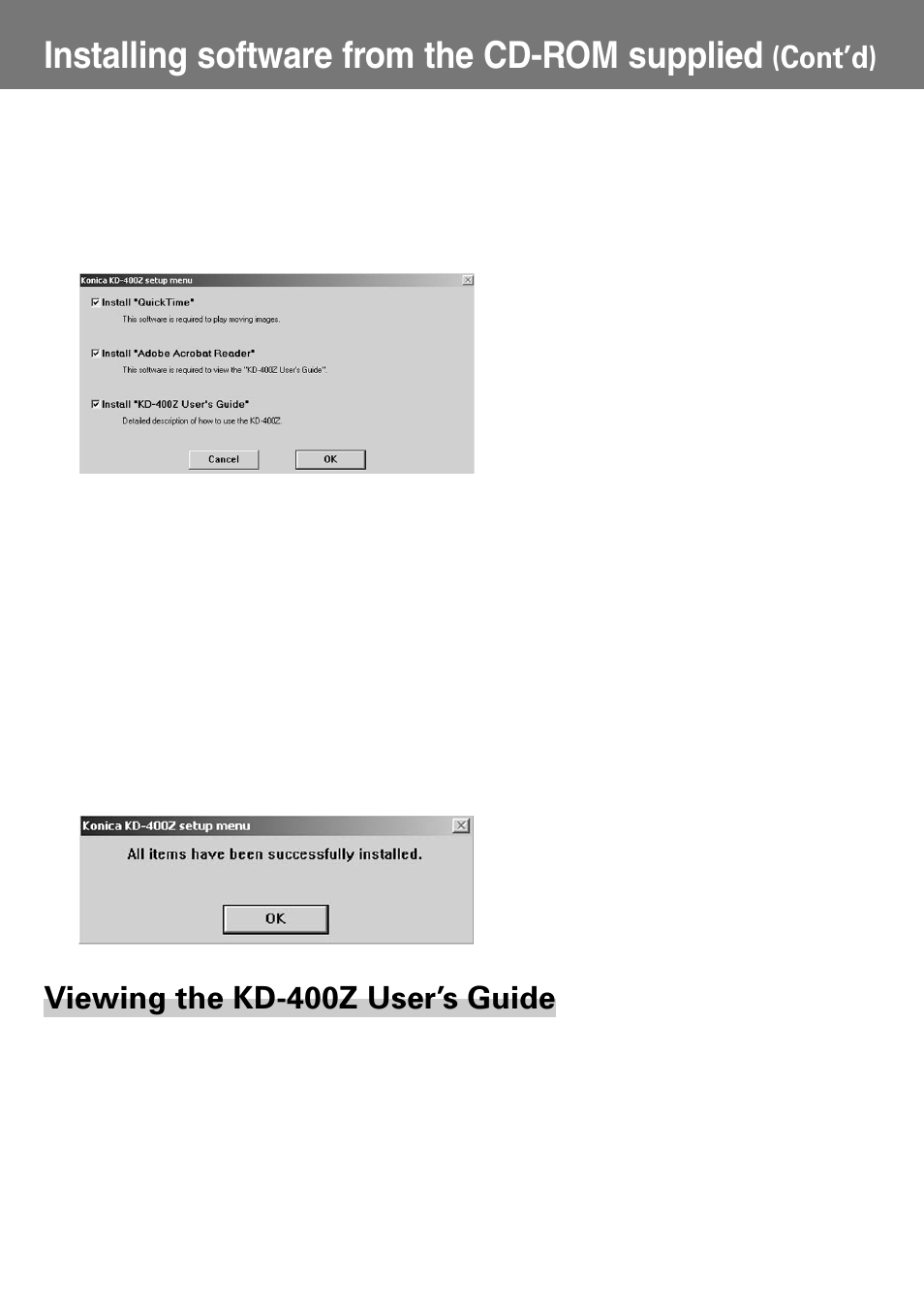 Installing software from the cd-rom supplied, Viewing the kd-400z user’s guide, Cont’d) | Konica Minolta Konica Digital Revio KD-400Z User Manual | Page 105 / 117