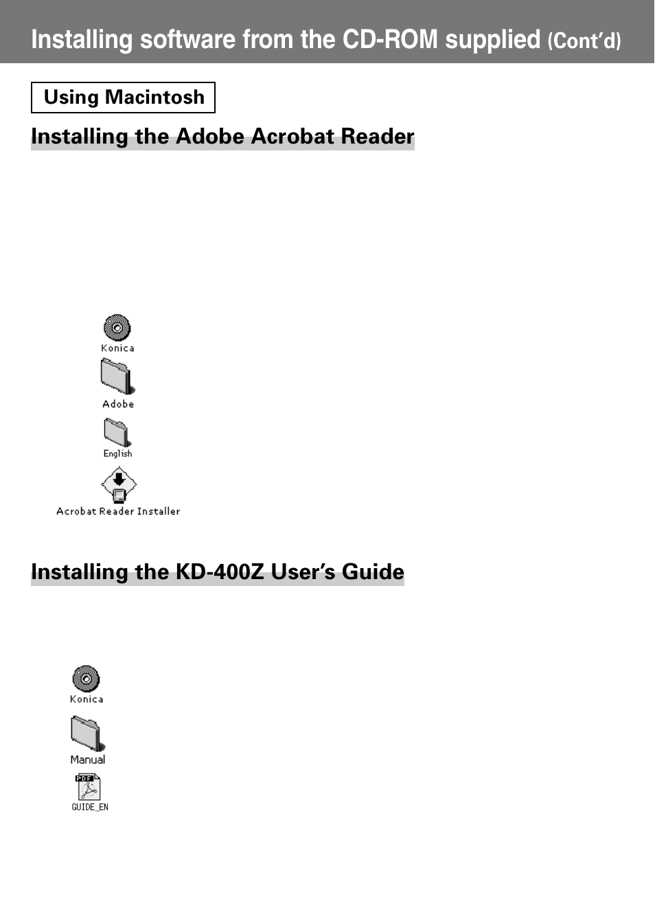 Using macintosh, Installing software from the cd-rom supplied, Installing the adobe acrobat reader | Installing the kd-400z user’s guide, Cont’d) | Konica Minolta Konica Digital Revio KD-400Z User Manual | Page 106 / 117