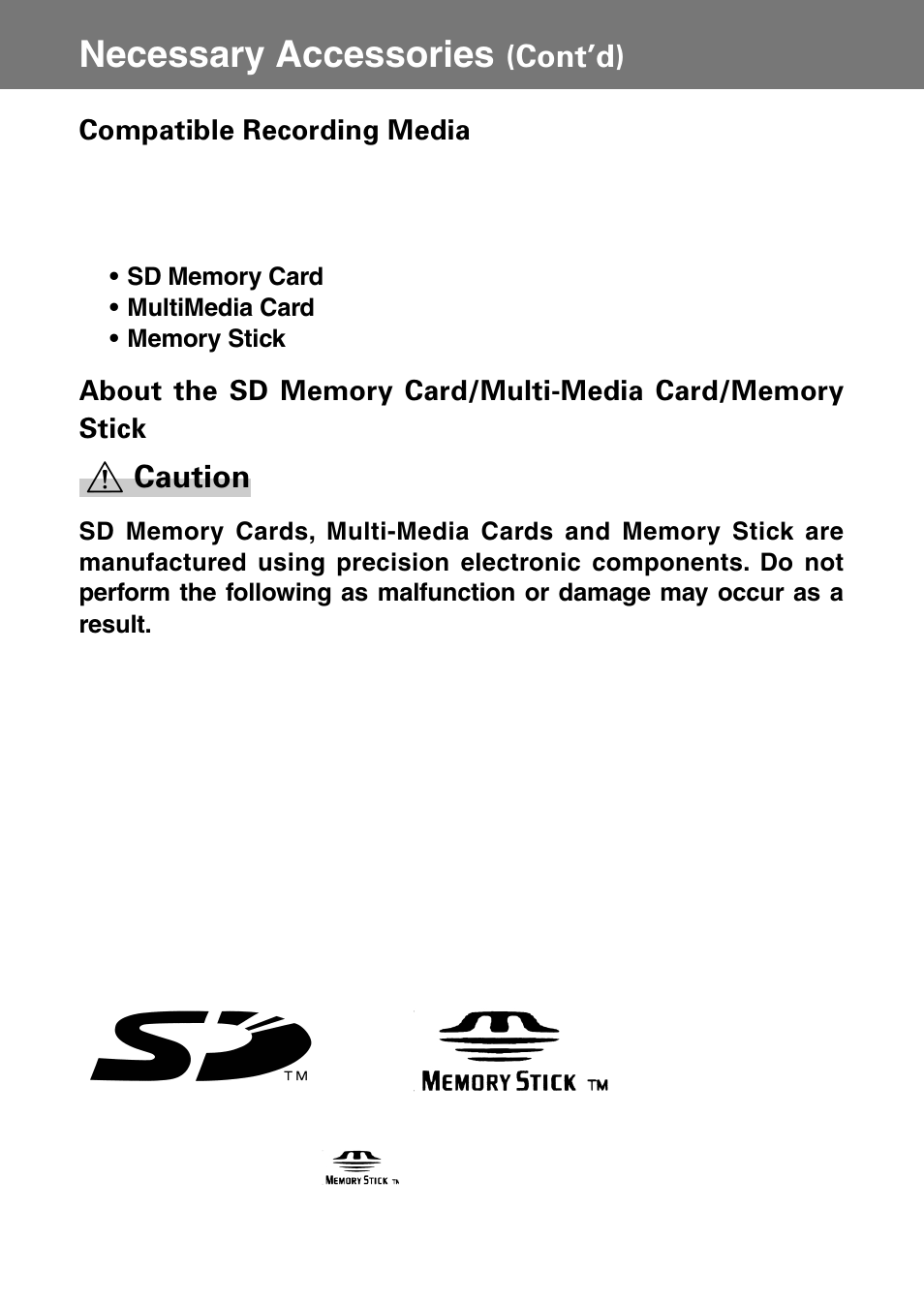 Necessary accessories, Cont’d), Caution | Konica Minolta Konica Digital Revio KD-400Z User Manual | Page 12 / 117