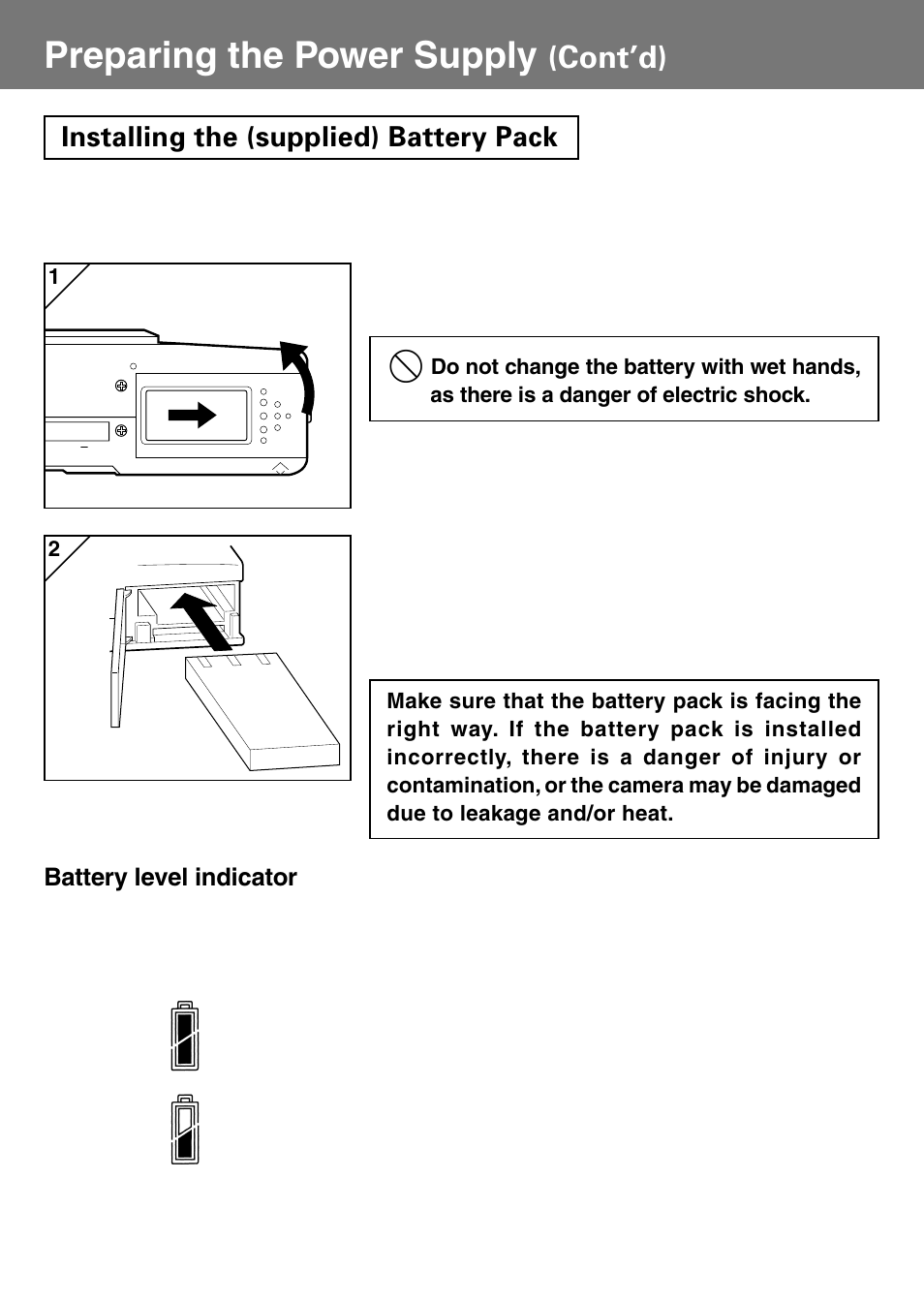 Installing the (supplied) battery pack, Preparing the power supply, Cont’d) | Konica Minolta Konica Digital Revio KD-400Z User Manual | Page 19 / 117