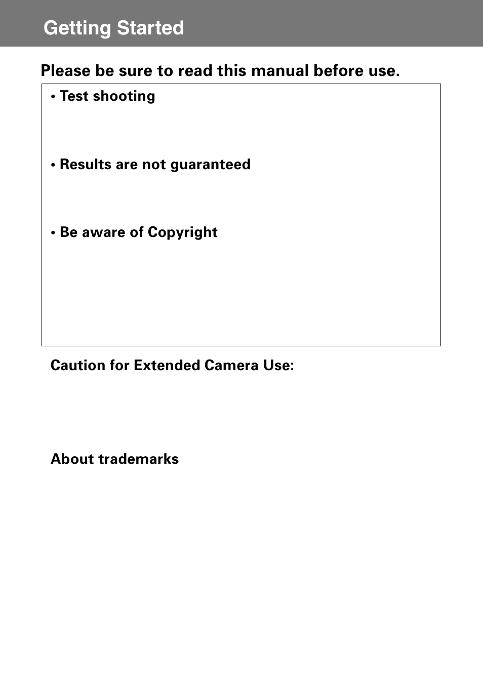 Getting started, Please be sure to read this manual before use | Konica Minolta Konica Digital Revio KD-400Z User Manual | Page 2 / 117