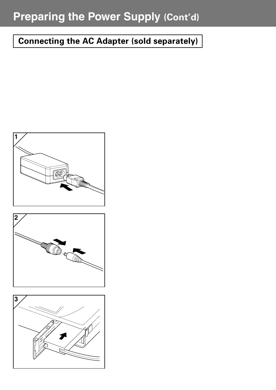 Connecting the ac adapter (sold separately), Preparing the power supply, Cont’d) | Konica Minolta Konica Digital Revio KD-400Z User Manual | Page 22 / 117