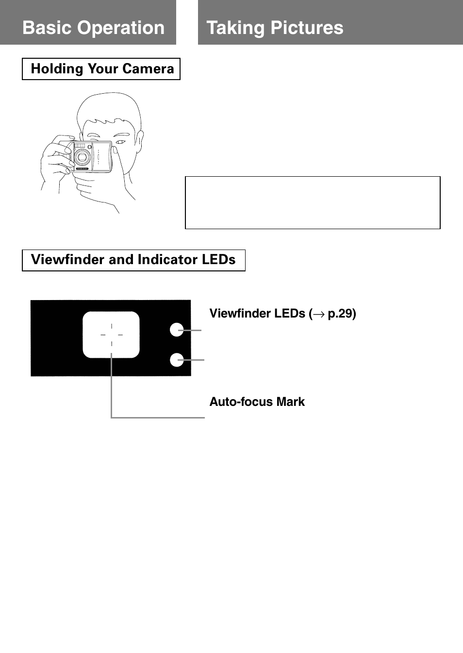 Basic operation, Taking pictures, Holding your camera | Viewfinder and indicator leds, Holding your camera viewfinder and indicator leds | Konica Minolta Konica Digital Revio KD-400Z User Manual | Page 28 / 117