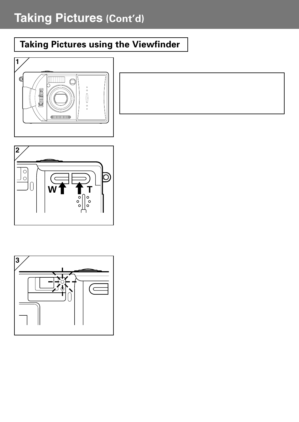 Taking pictures using the viewfinder, Taking pictures, Cont’d) | Konica Minolta Konica Digital Revio KD-400Z User Manual | Page 30 / 117