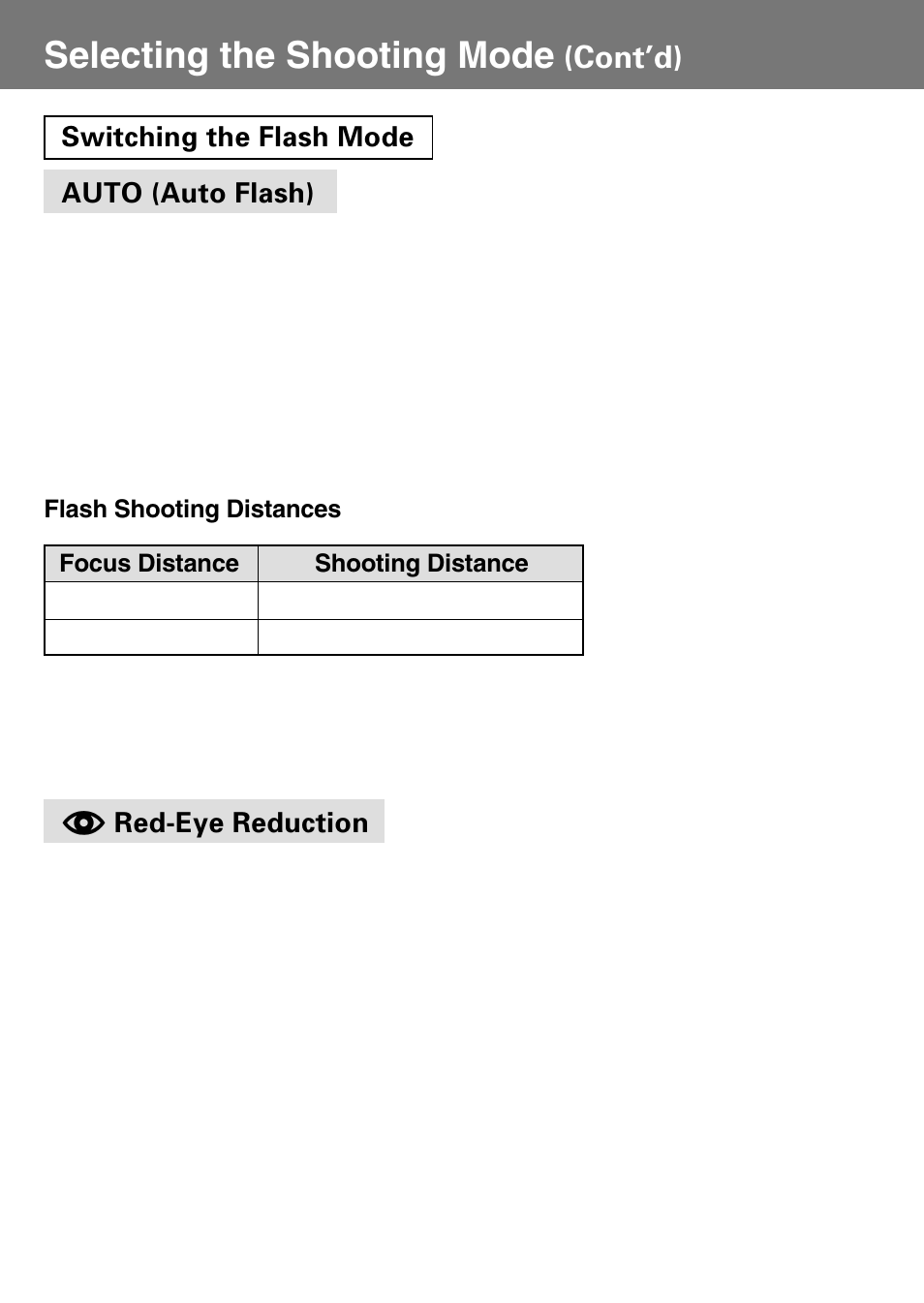 Auto (auto flash), Red-eye reduction, Selecting the shooting mode | Cont’d), Switching the flash mode auto (auto flash) | Konica Minolta Konica Digital Revio KD-400Z User Manual | Page 38 / 117