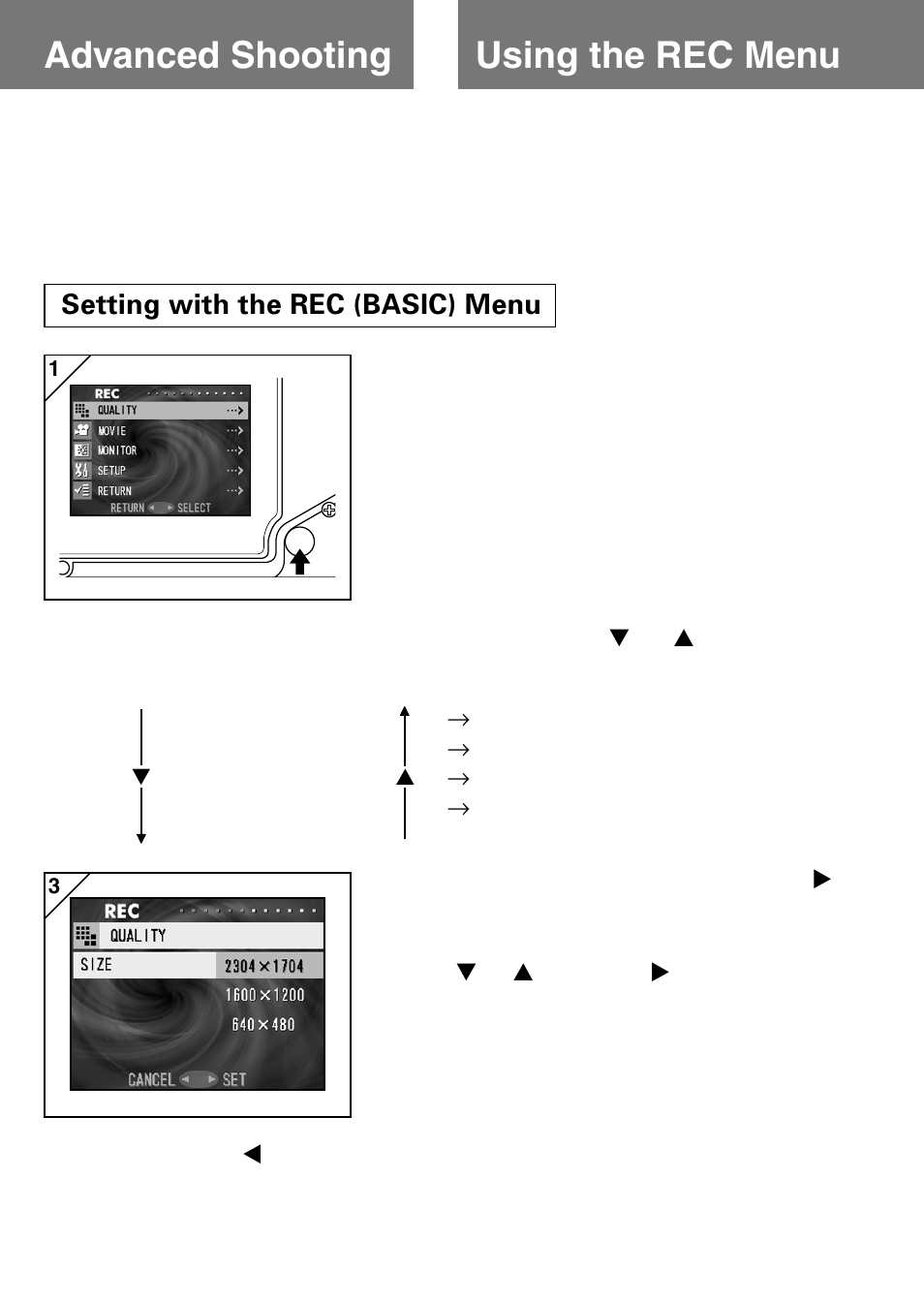 Advanced shooting, Using the rec menu, Setting with the rec (basic) menu | Using the rec menu advanced shooting | Konica Minolta Konica Digital Revio KD-400Z User Manual | Page 41 / 117