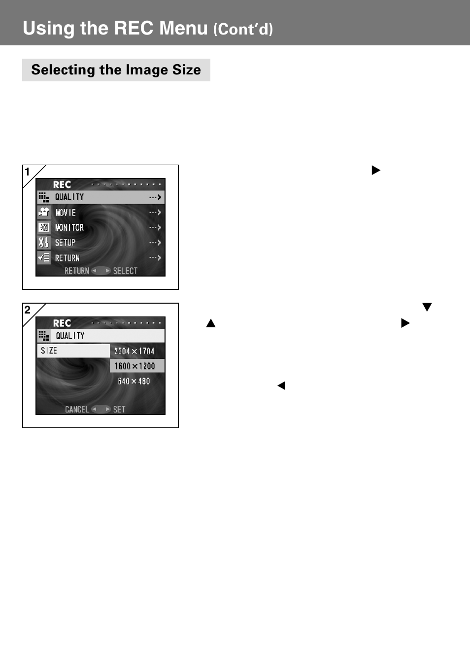 Selecting the image size, Using the rec menu, Cont’d) | Konica Minolta Konica Digital Revio KD-400Z User Manual | Page 42 / 117