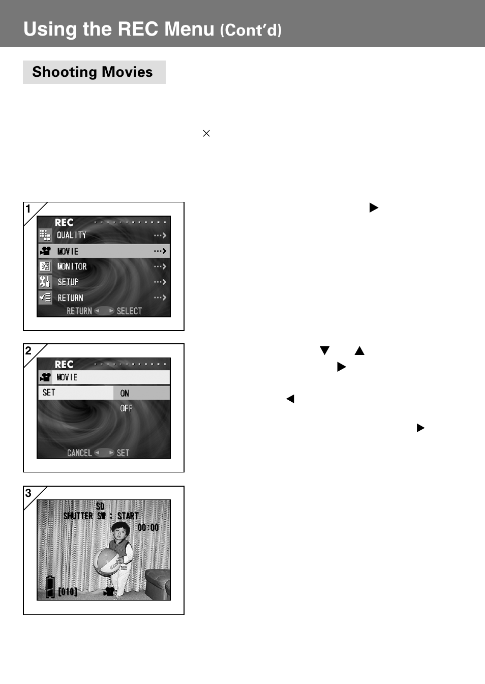 Shooting movies, Using the rec menu, Cont’d) | Konica Minolta Konica Digital Revio KD-400Z User Manual | Page 44 / 117