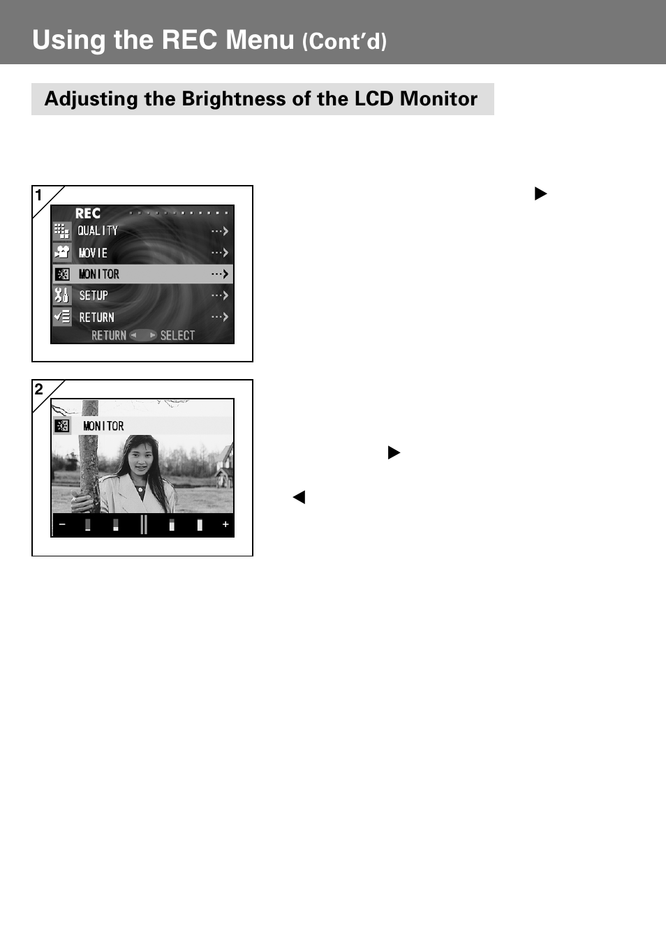 Adjusting the brightness of the lcd monitor, Using the rec menu, Cont’d) | Konica Minolta Konica Digital Revio KD-400Z User Manual | Page 46 / 117