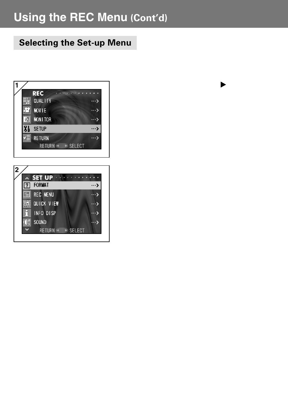 Selecting the set-up menu, Using the rec menu, Cont’d) | Konica Minolta Konica Digital Revio KD-400Z User Manual | Page 47 / 117