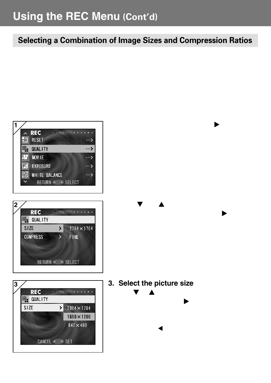 Selecting a combination of image sizes and, Compression ratios, Using the rec menu | Cont’d) | Konica Minolta Konica Digital Revio KD-400Z User Manual | Page 50 / 117