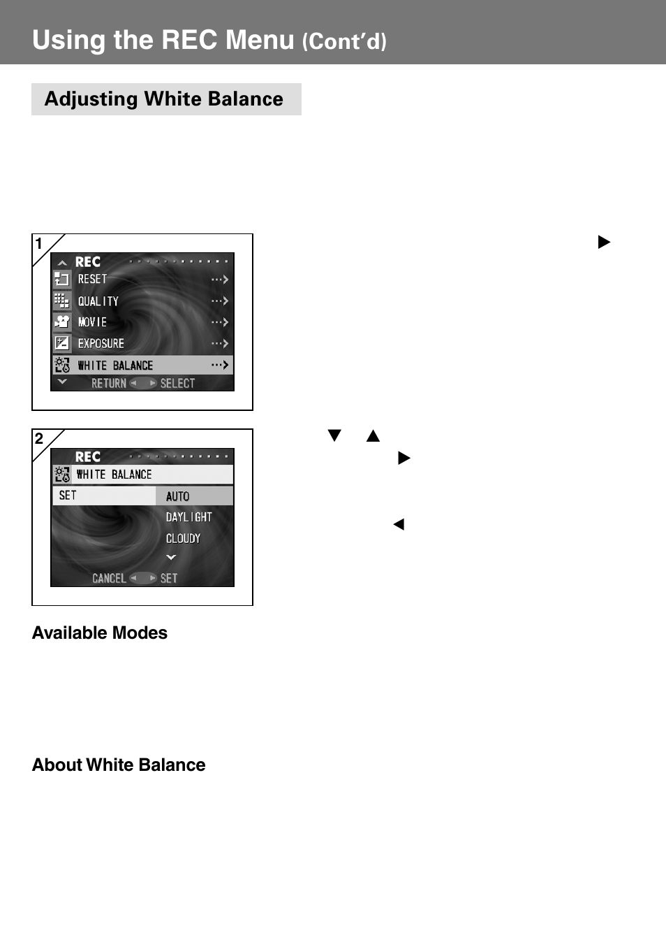 Adjusting white balance, Using the rec menu, Cont’d) | Konica Minolta Konica Digital Revio KD-400Z User Manual | Page 53 / 117