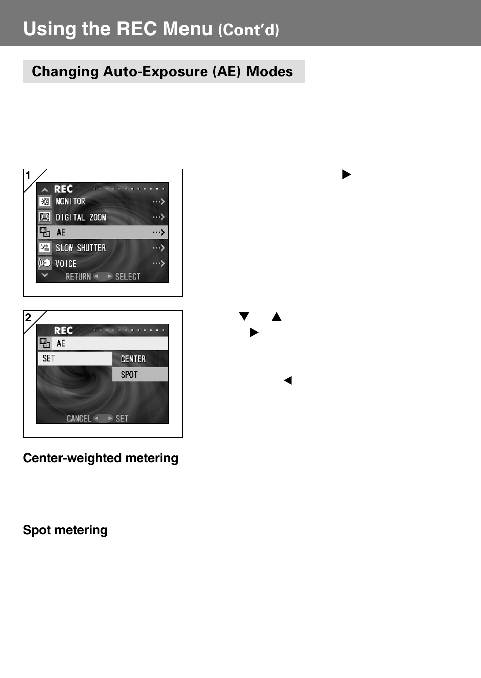 Changing auto-exposure (ae) modes, Using the rec menu, Cont’d) | Konica Minolta Konica Digital Revio KD-400Z User Manual | Page 55 / 117