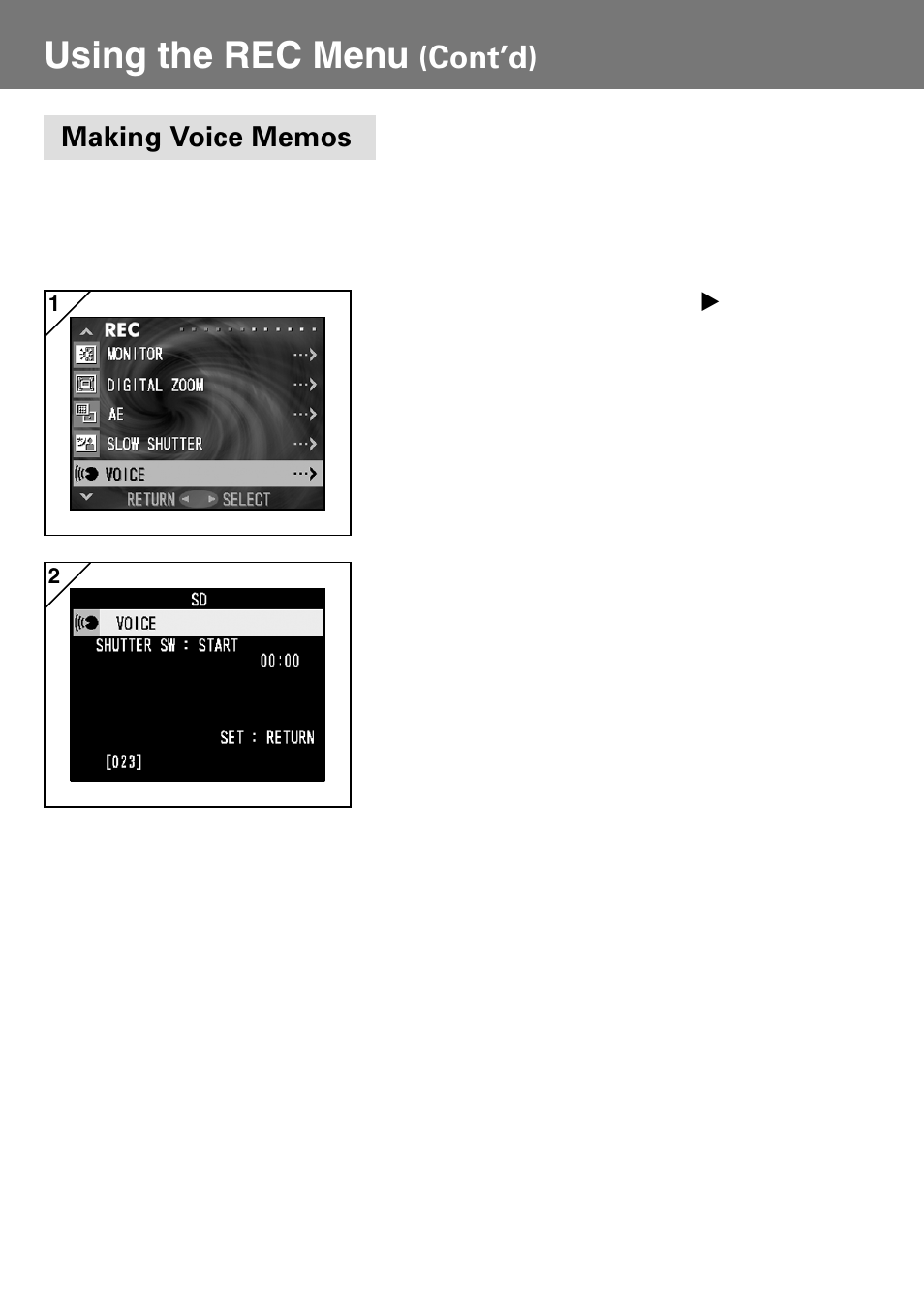 Making voice memos, Using the rec menu, Cont’d) | Konica Minolta Konica Digital Revio KD-400Z User Manual | Page 57 / 117