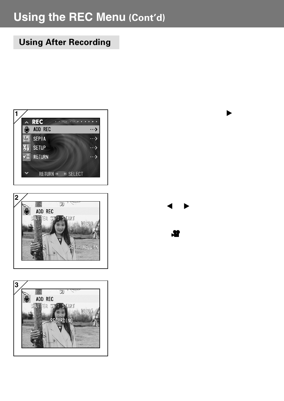 Using after recording, Using the rec menu, Cont’d) | Konica Minolta Konica Digital Revio KD-400Z User Manual | Page 58 / 117