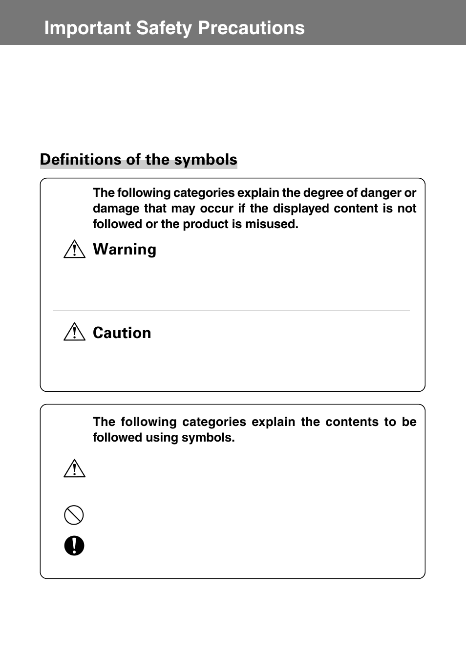 Important safety precautions, Definitions of the symbols, Warning | Caution | Konica Minolta Konica Digital Revio KD-400Z User Manual | Page 6 / 117