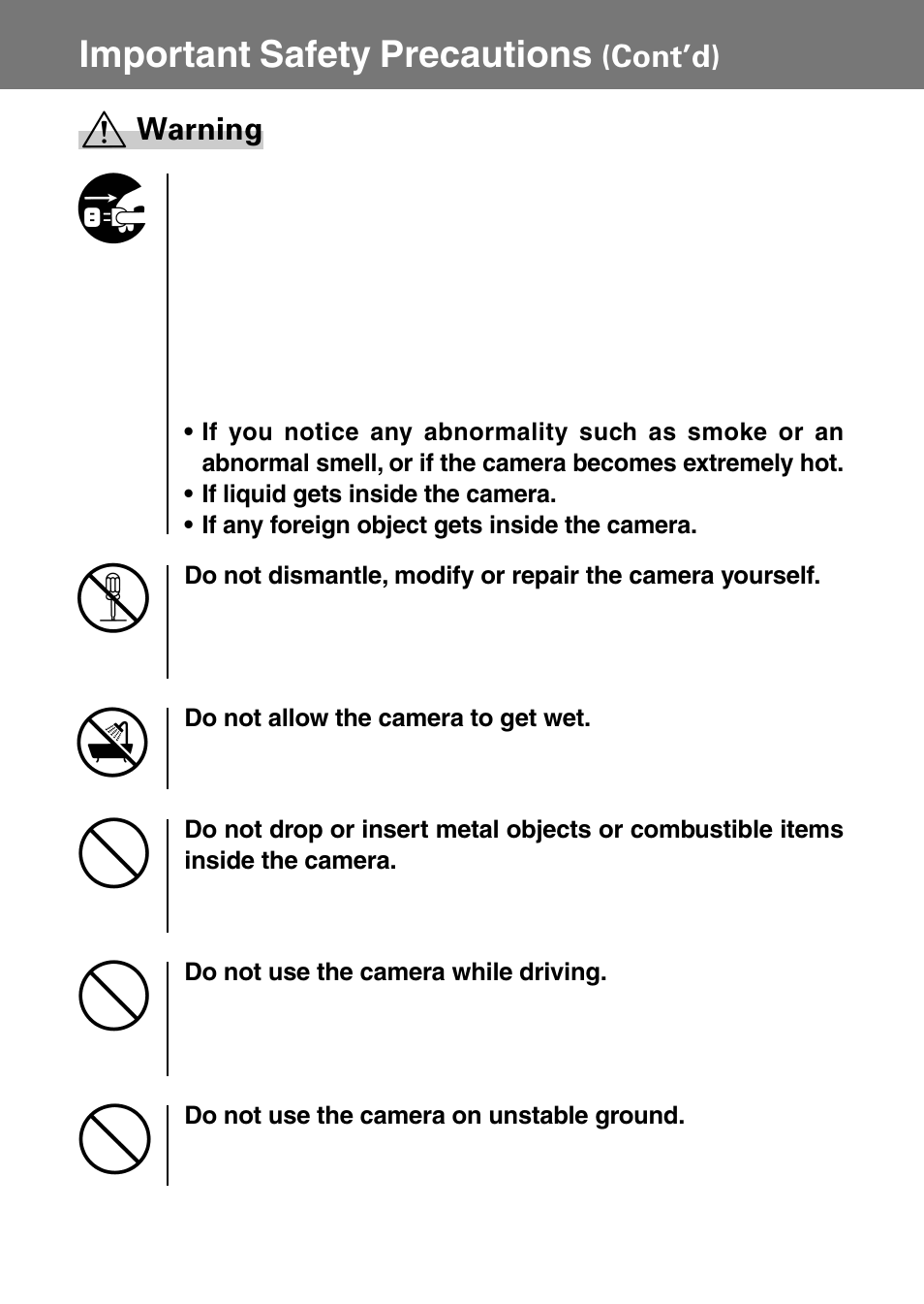 Important safety precautions, Cont’d) warning | Konica Minolta Konica Digital Revio KD-400Z User Manual | Page 7 / 117