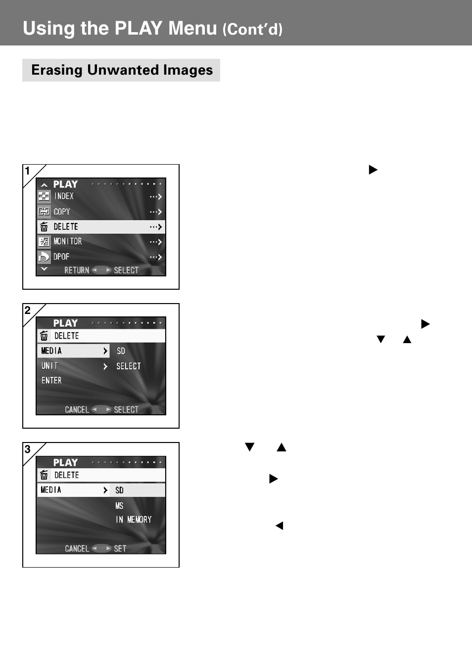 Erasing unwanted images, Using the play menu, Cont’d) | Konica Minolta Konica Digital Revio KD-400Z User Manual | Page 74 / 117