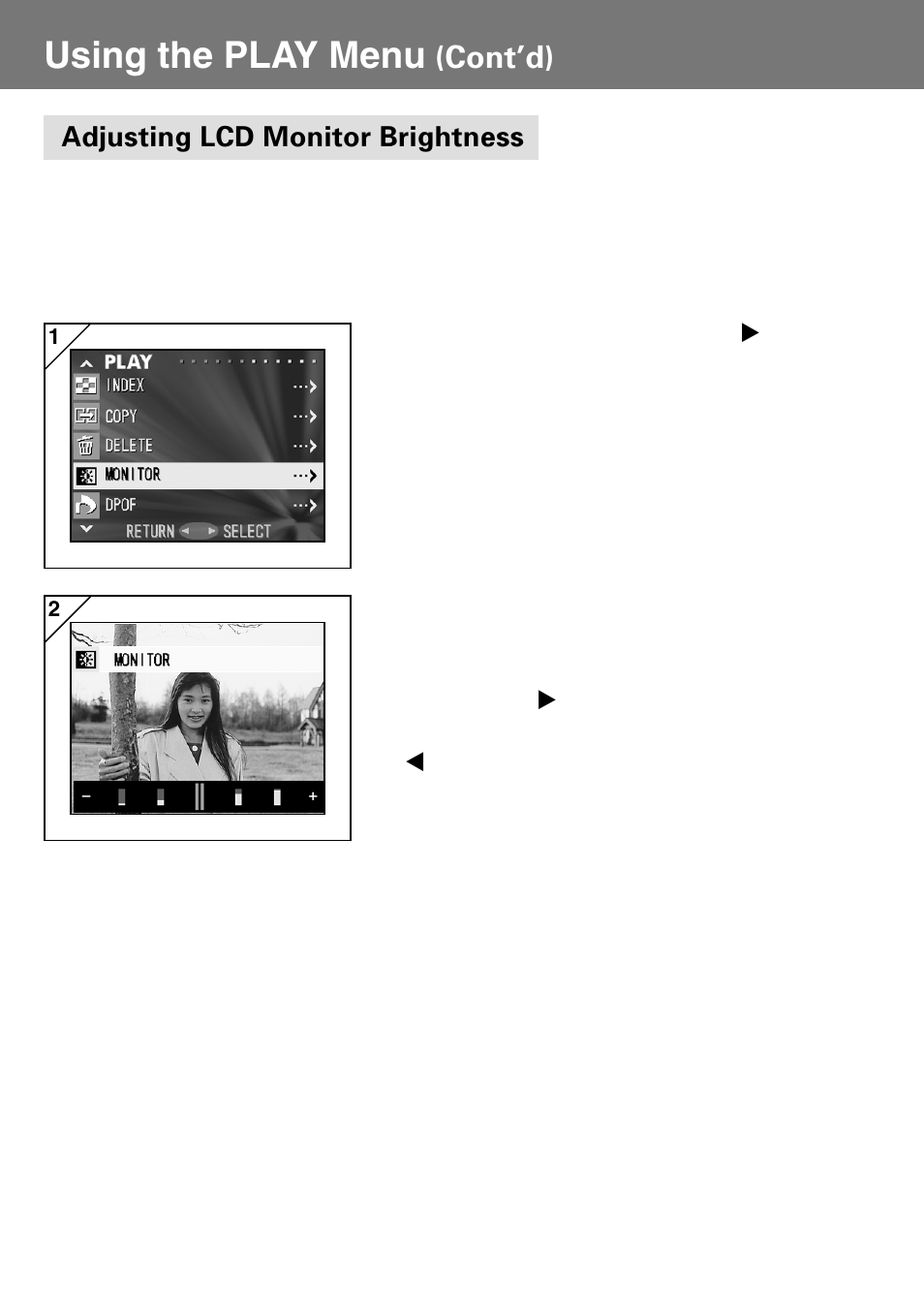 Adjusting lcd monitor brightness, Using the play menu, Cont’d) | Konica Minolta Konica Digital Revio KD-400Z User Manual | Page 77 / 117