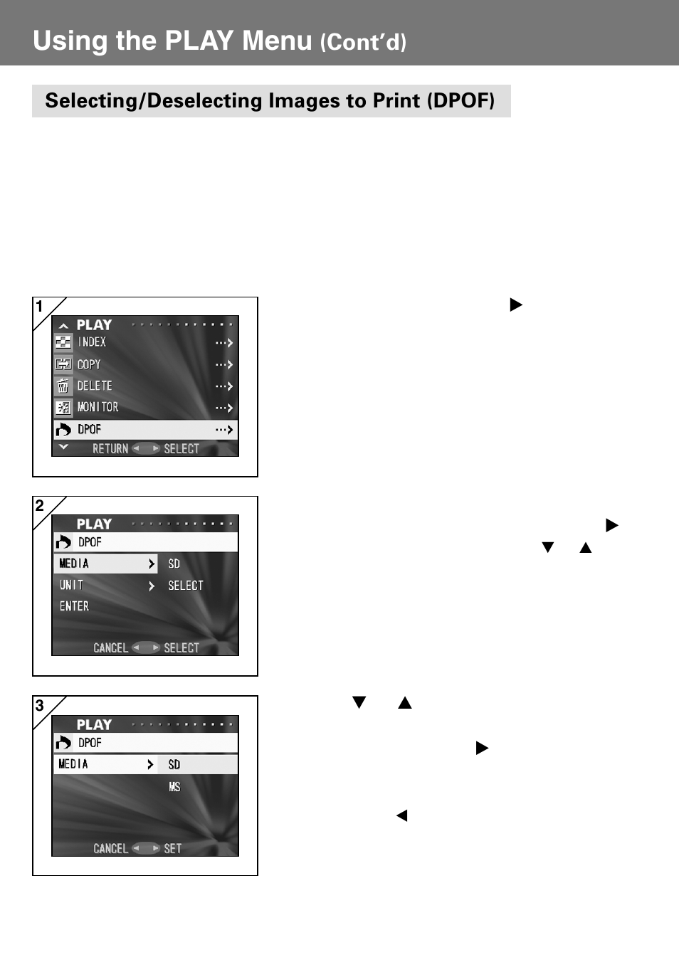 Selecting/deselecting images to print (dpof), Using the play menu, Cont’d) | Konica Minolta Konica Digital Revio KD-400Z User Manual | Page 78 / 117