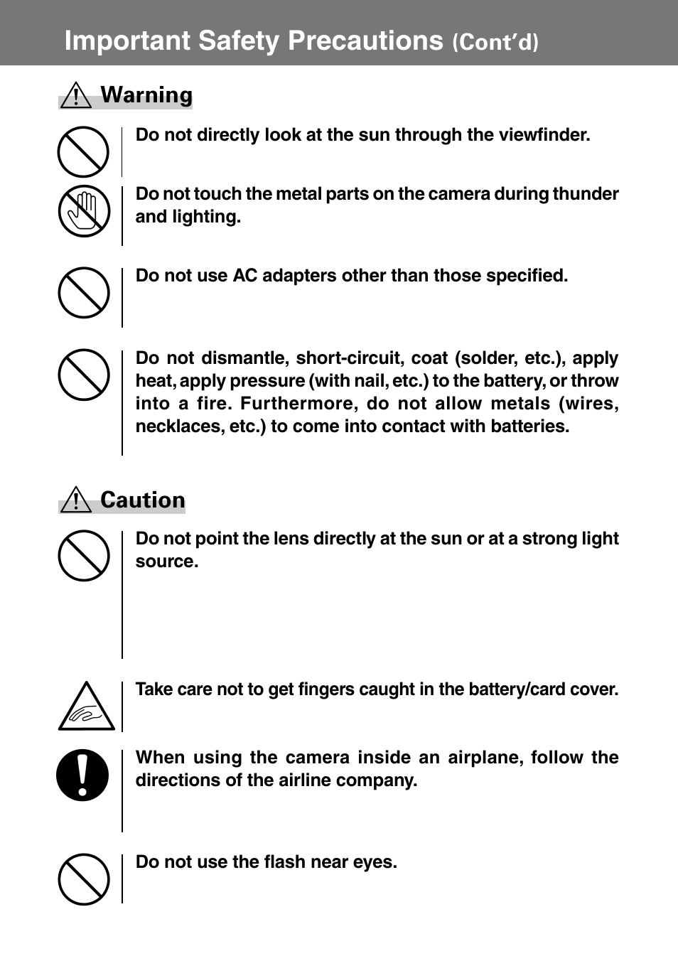 Important safety precautions, Warning, Cont’d) | Caution | Konica Minolta Konica Digital Revio KD-400Z User Manual | Page 8 / 117