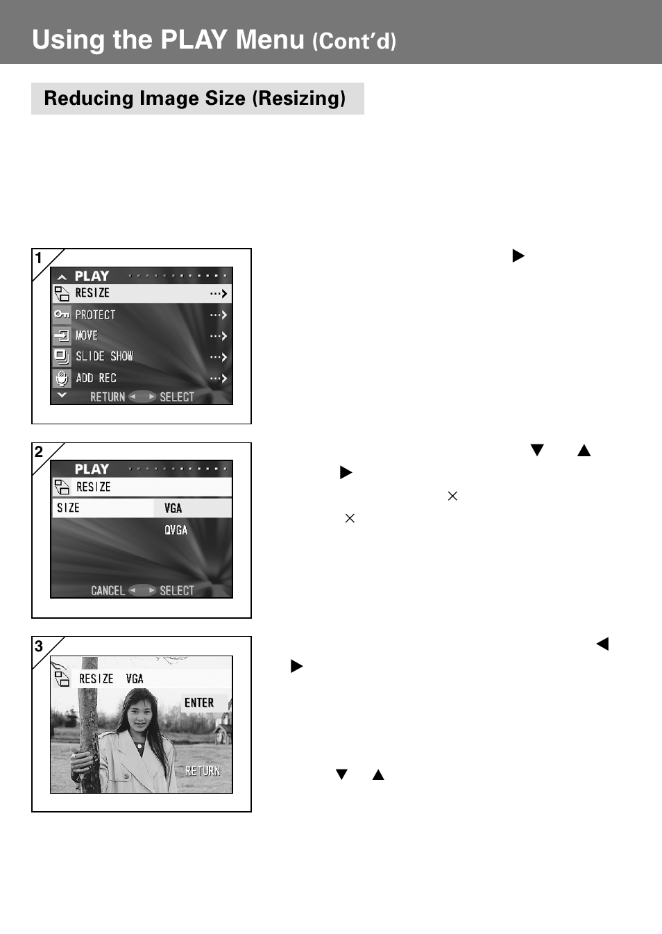 Reducing image size (resizing), Using the play menu, Cont’d) | Konica Minolta Konica Digital Revio KD-400Z User Manual | Page 81 / 117