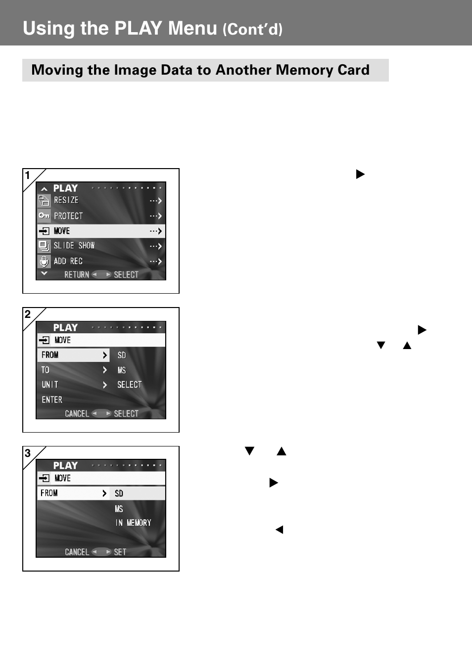 Moving the image data to another memory card, Using the play menu, Cont’d) | Konica Minolta Konica Digital Revio KD-400Z User Manual | Page 85 / 117