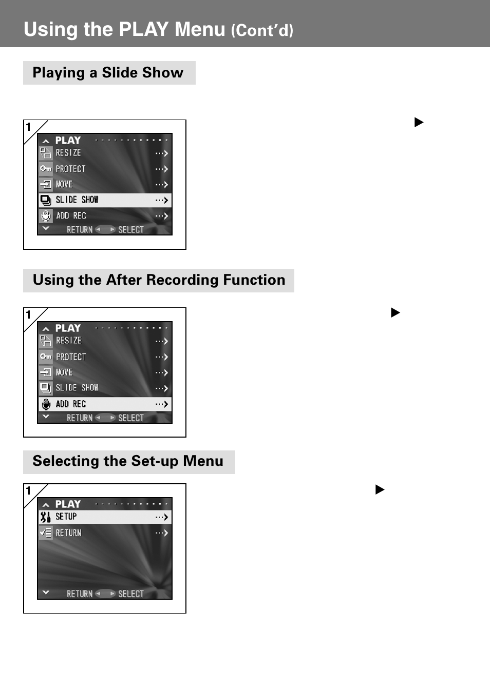 Playing a slide show, Using the after recording function, Selecting the set-up menu | Using the play menu, Cont’d) | Konica Minolta Konica Digital Revio KD-400Z User Manual | Page 88 / 117