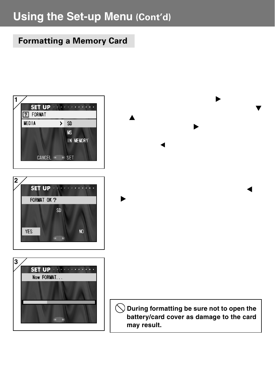 Formatting a memory card, Using the set-up menu, Cont’d) | Konica Minolta Konica Digital Revio KD-400Z User Manual | Page 90 / 117