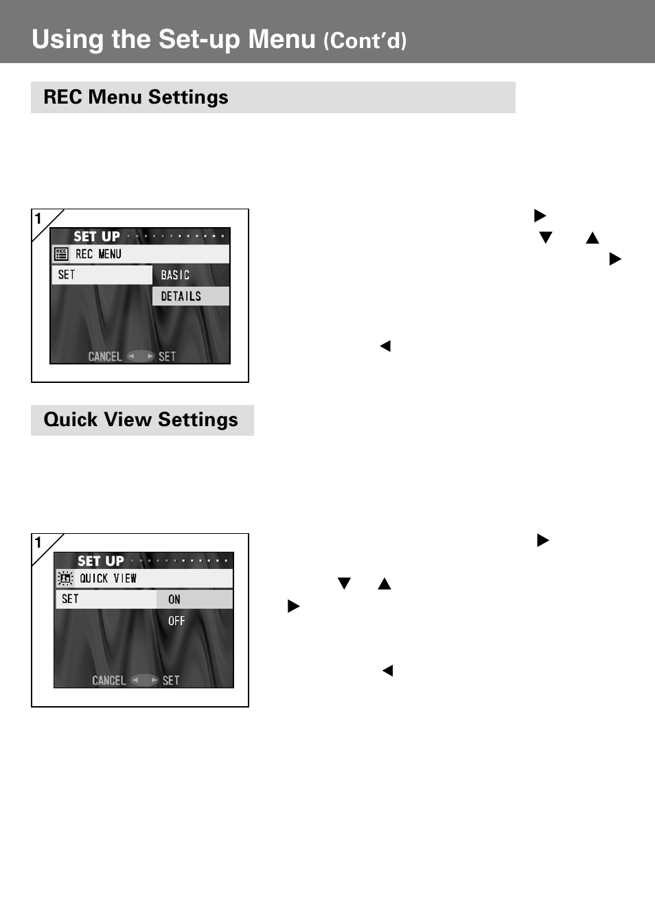 Rec menu settings, Quick view settings, Rec menu settings quick view settings | Using the set-up menu, Cont’d) | Konica Minolta Konica Digital Revio KD-400Z User Manual | Page 91 / 117