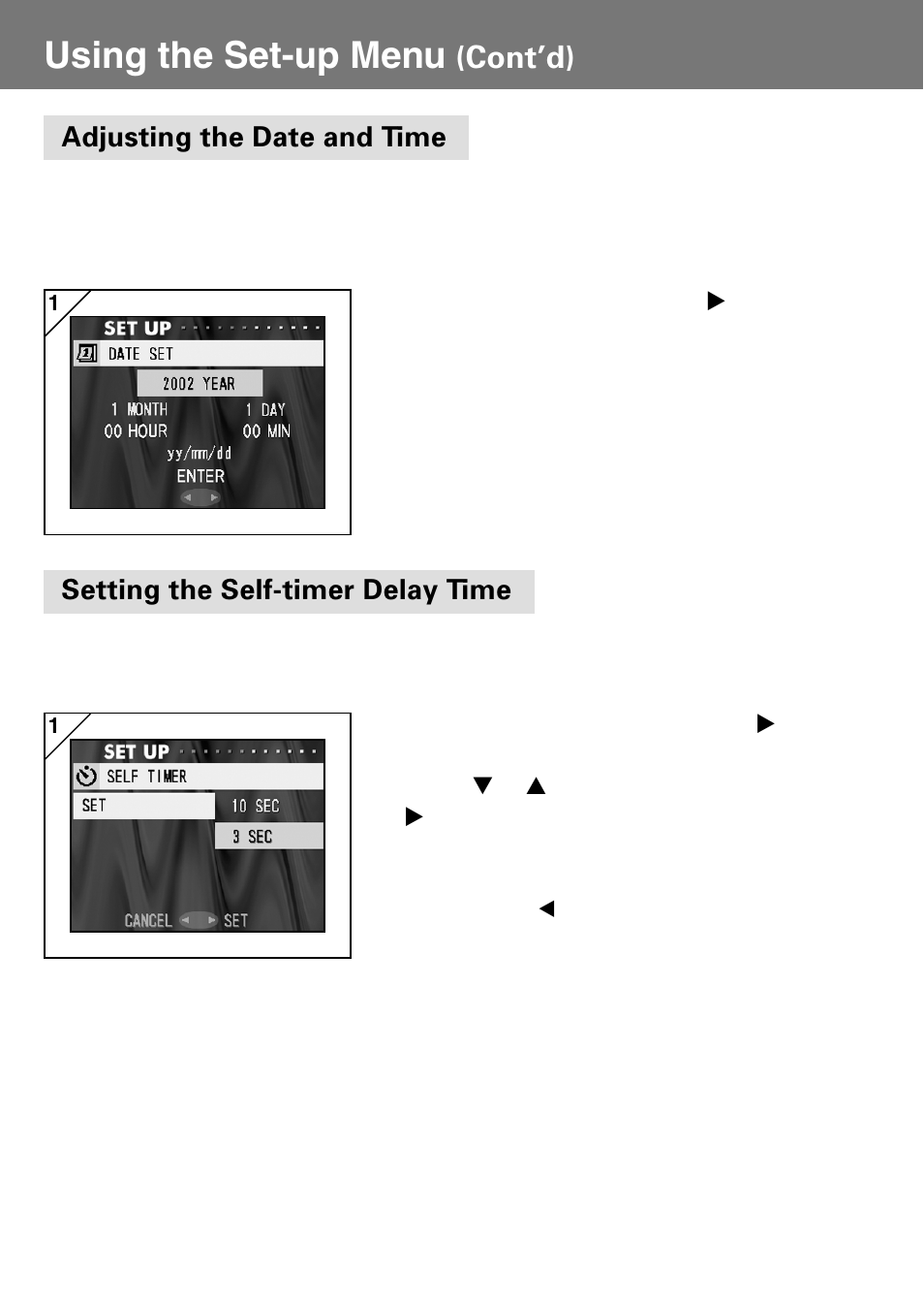 Adjusting the date and time, Setting the self-timer delay time, Using the set-up menu | Cont’d) | Konica Minolta Konica Digital Revio KD-400Z User Manual | Page 94 / 117