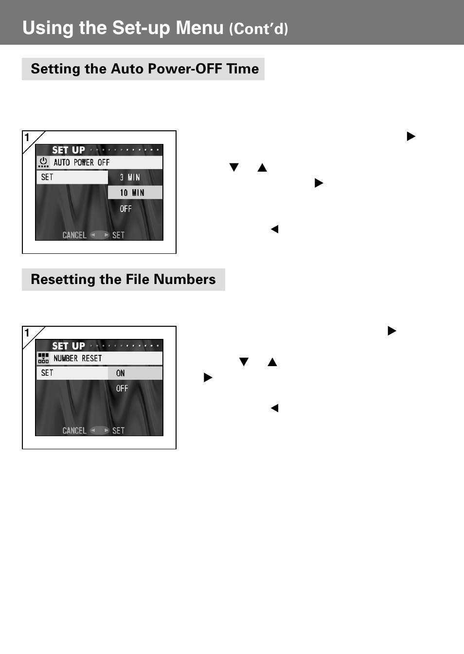 Setting the auto power-off time, Resetting the file numbers, Using the set-up menu | Cont’d) | Konica Minolta Konica Digital Revio KD-400Z User Manual | Page 95 / 117