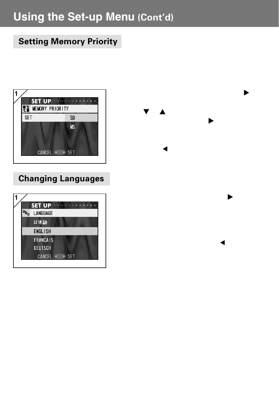 Setting memory priority, Changing languages, Setting memory priority changing languages | Using the set-up menu, Cont’d) | Konica Minolta Konica Digital Revio KD-400Z User Manual | Page 96 / 117