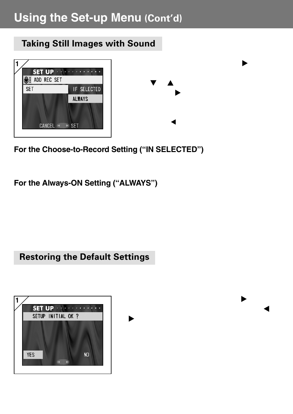 Taking still images with sound, Restoring the default settings, Using the set-up menu | Cont’d) | Konica Minolta Konica Digital Revio KD-400Z User Manual | Page 97 / 117