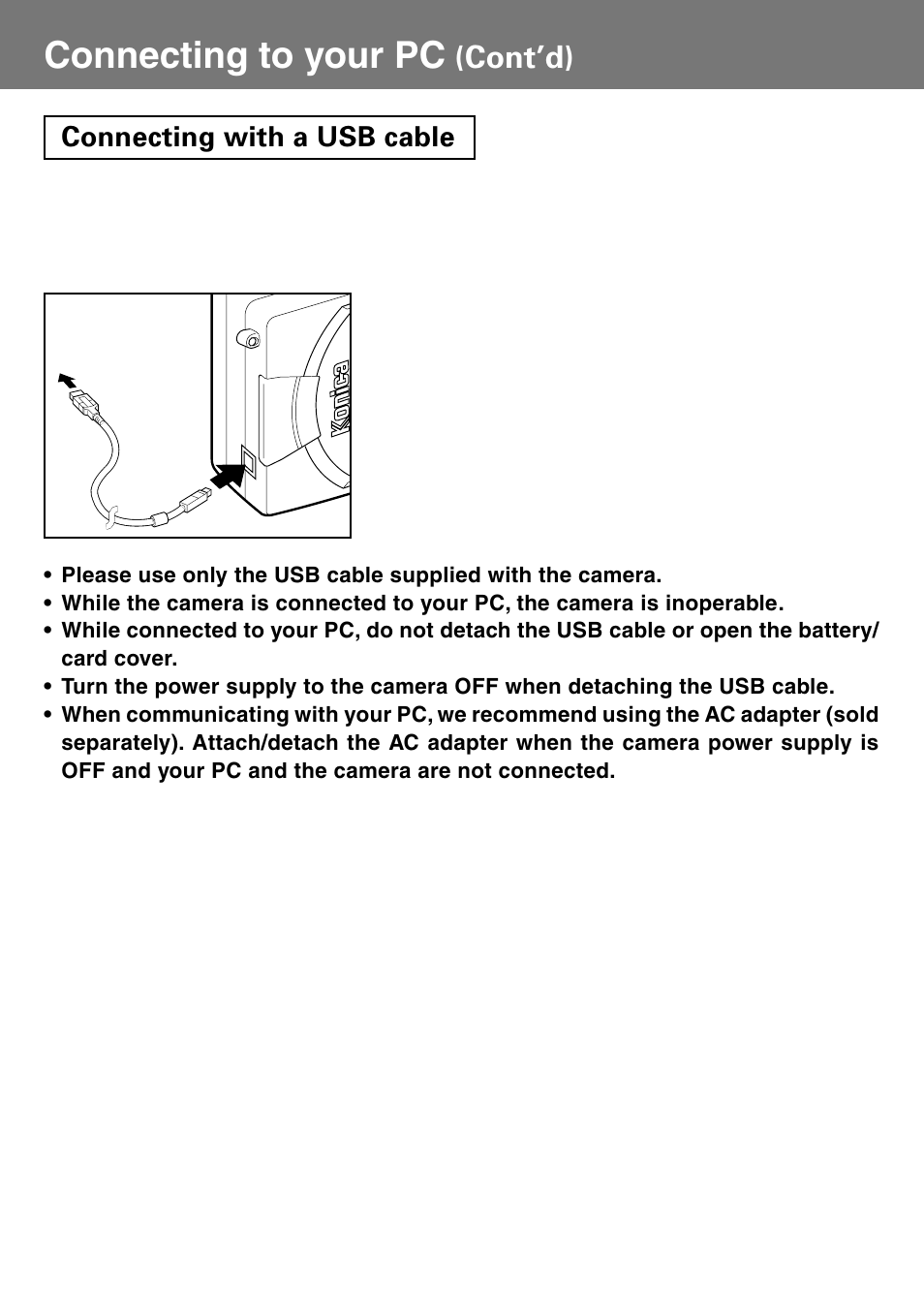 Connecting with a usb cable, Connecting to your pc, Cont’d) | Konica Minolta Konica Digital Revio KD-400Z User Manual | Page 99 / 117