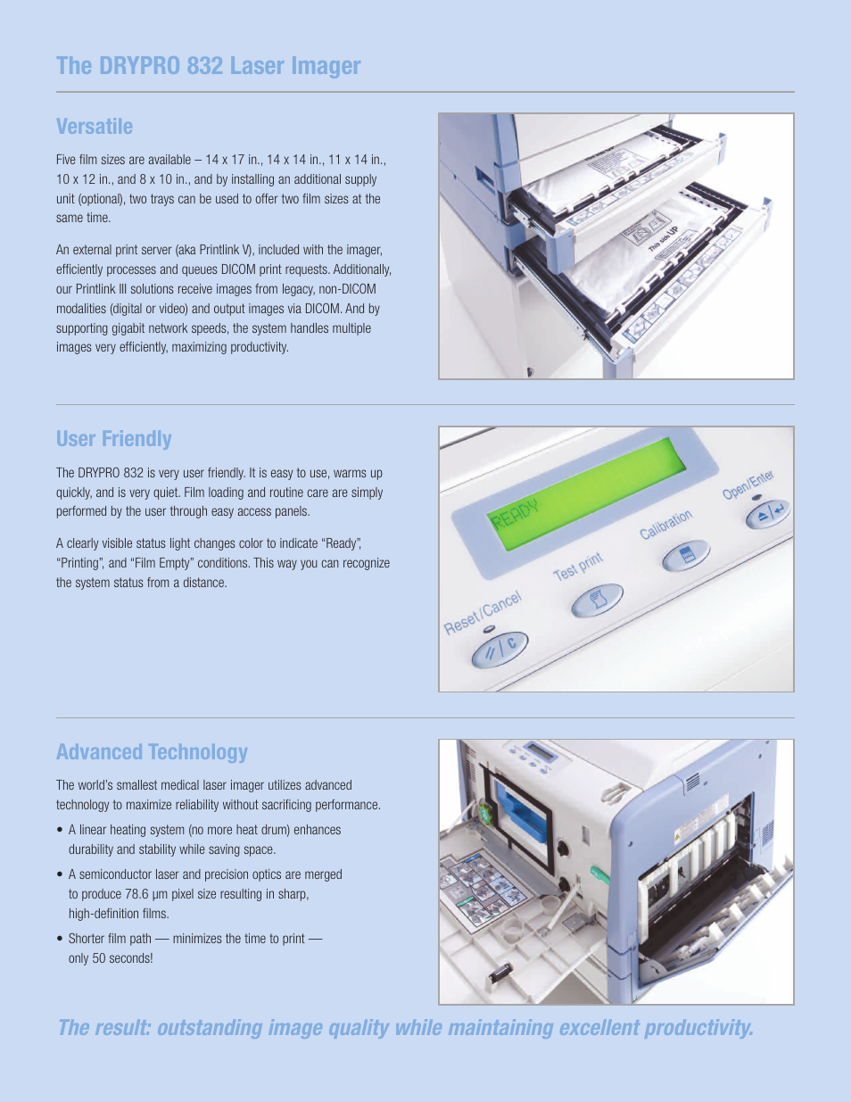 The drypro 832 laser imager, Versatile, User friendly | Advanced technology | Konica Minolta Drypro 832 User Manual | Page 3 / 4