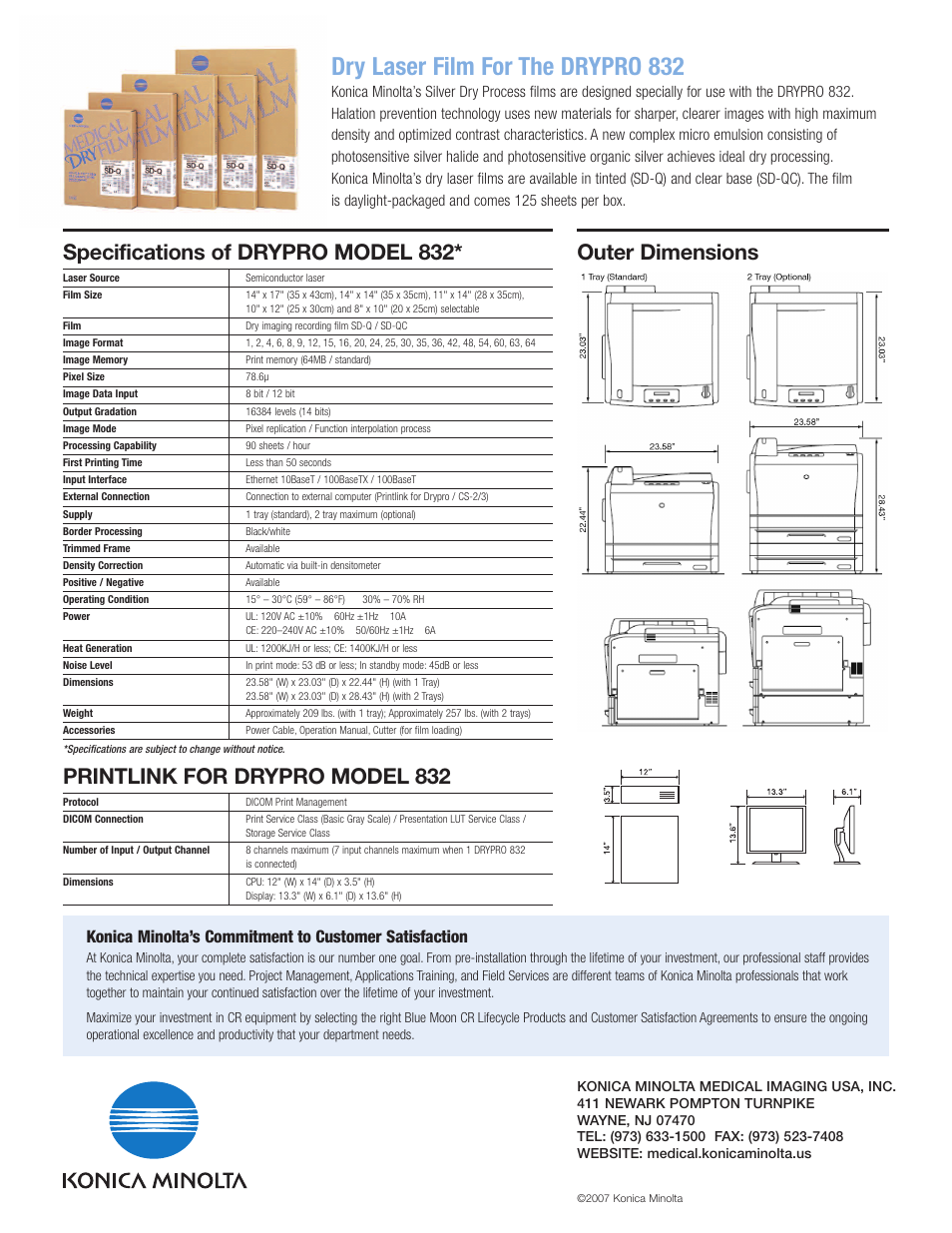 Dry laser film for the drypro 832, Specifications of drypro model 832, Printlink for drypro model 832 | Outer dimensions | Konica Minolta Drypro 832 User Manual | Page 4 / 4