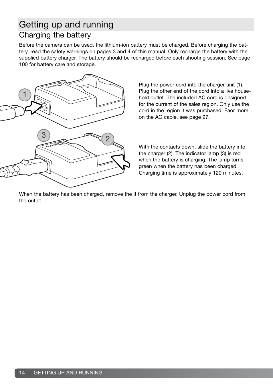 Getting up and running, Charging the battery | Konica Minolta DiMAGE G600 User Manual | Page 14 / 104