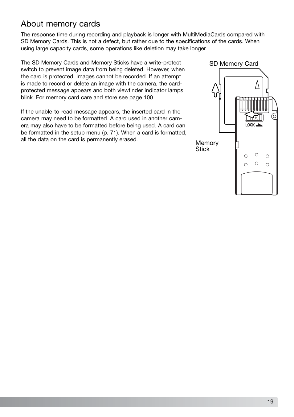 About memory cards | Konica Minolta DiMAGE G600 User Manual | Page 19 / 104