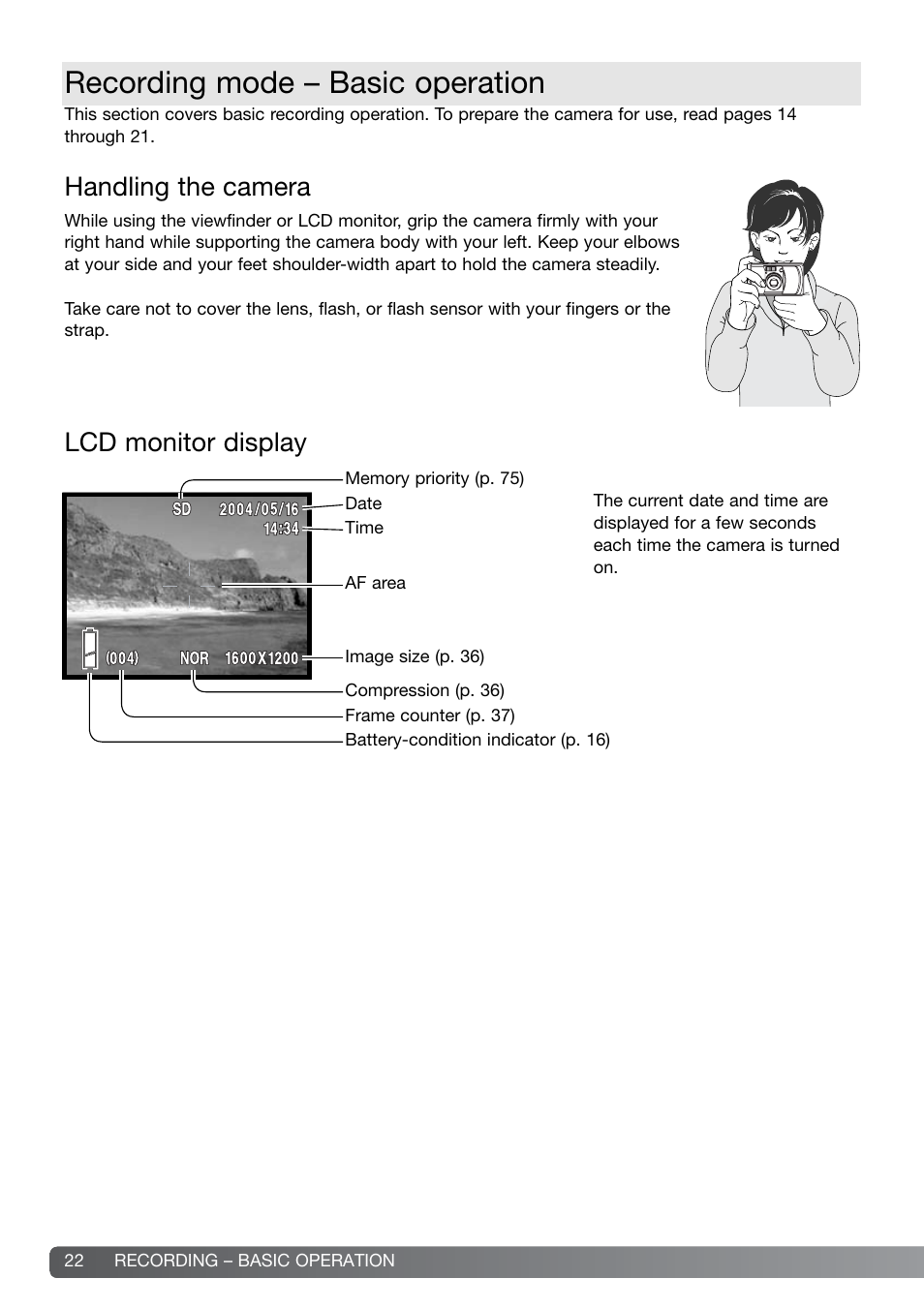 Recording – basic operation, Handling the camera lcd monitor display, Recording mode – basic operation | Handling the camera, Lcd monitor display | Konica Minolta DiMAGE G600 User Manual | Page 22 / 104