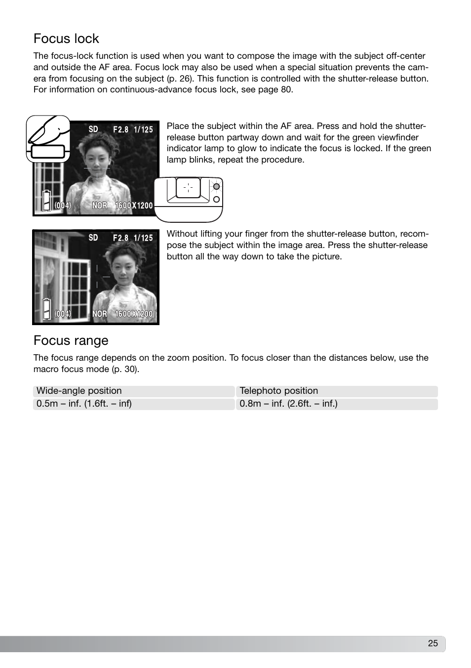 Focus lock focus range, Focus lock, Focus range | Konica Minolta DiMAGE G600 User Manual | Page 25 / 104