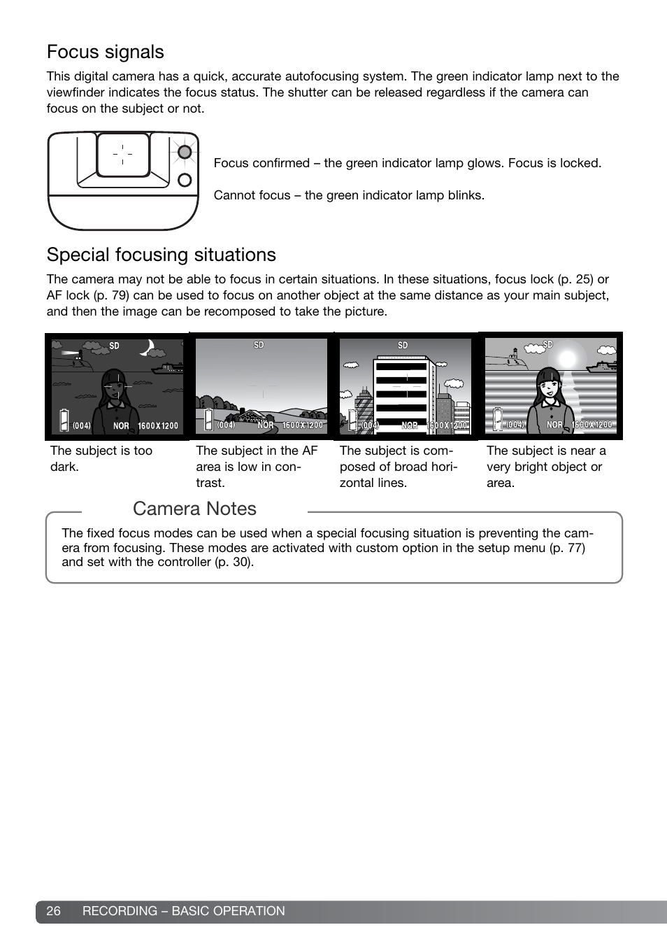 Focus signals special focusing situations | Konica Minolta DiMAGE G600 User Manual | Page 26 / 104