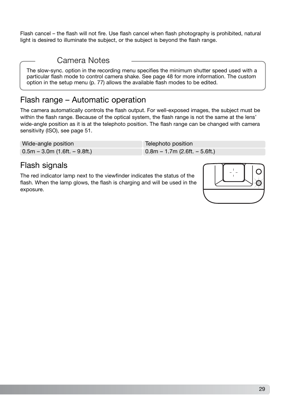 Flash range – automatic operation flash signals, Flash range – automatic operation, Flash signals | Konica Minolta DiMAGE G600 User Manual | Page 29 / 104