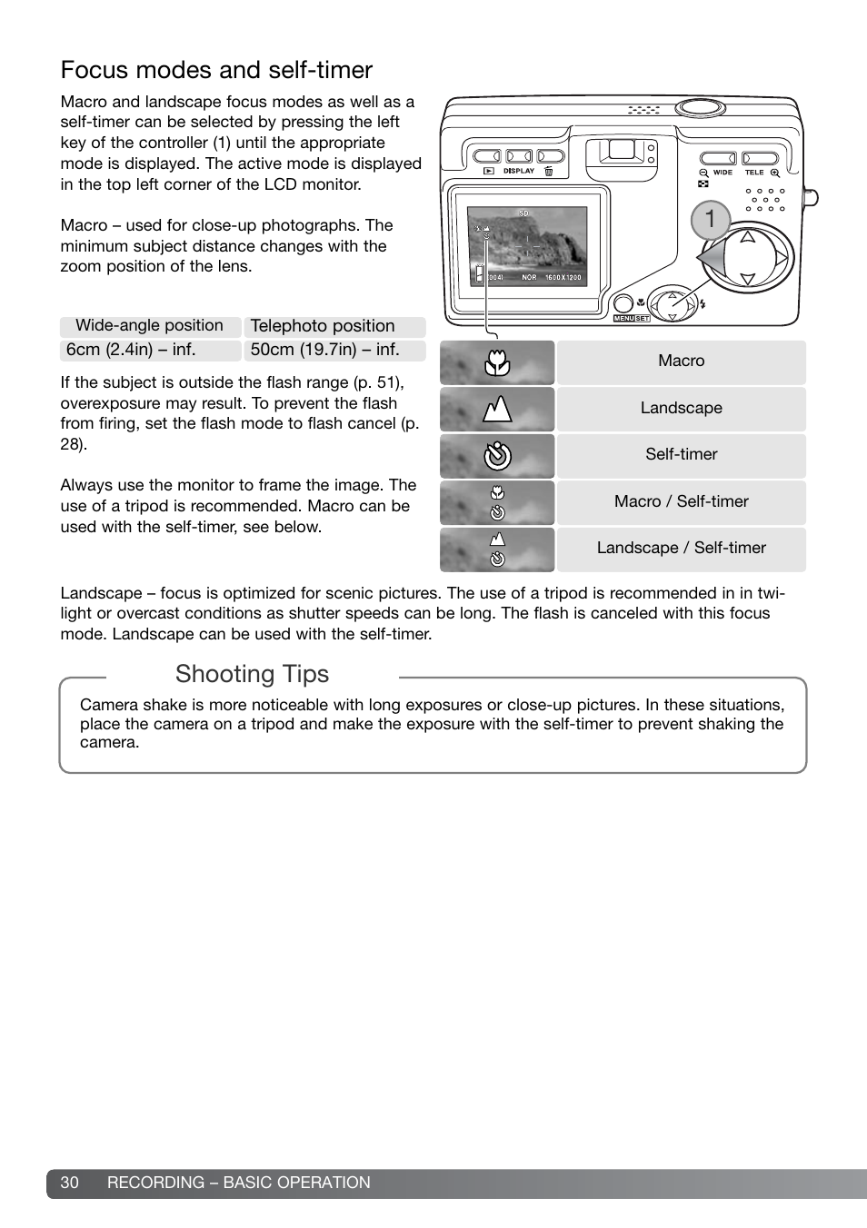 Focus modes and self-timer, Shooting tips 1 | Konica Minolta DiMAGE G600 User Manual | Page 30 / 104