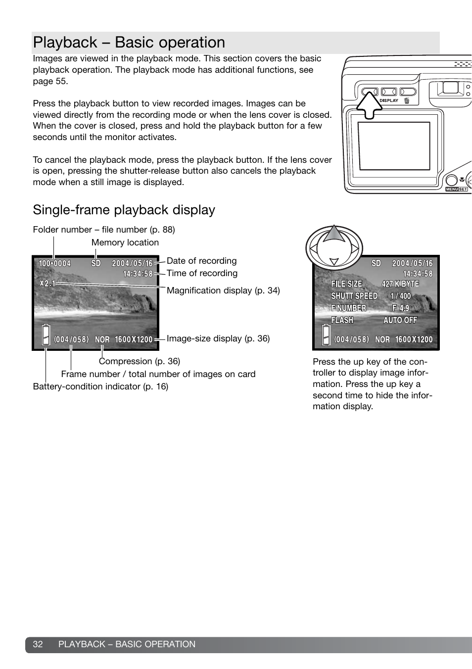 Playback – basic operation, Single-frame playback display | Konica Minolta DiMAGE G600 User Manual | Page 32 / 104